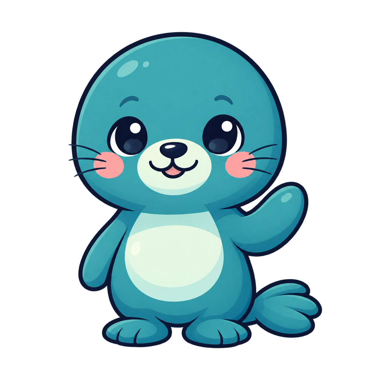 SEA, Handrail’s teal seal guide, waving hello.